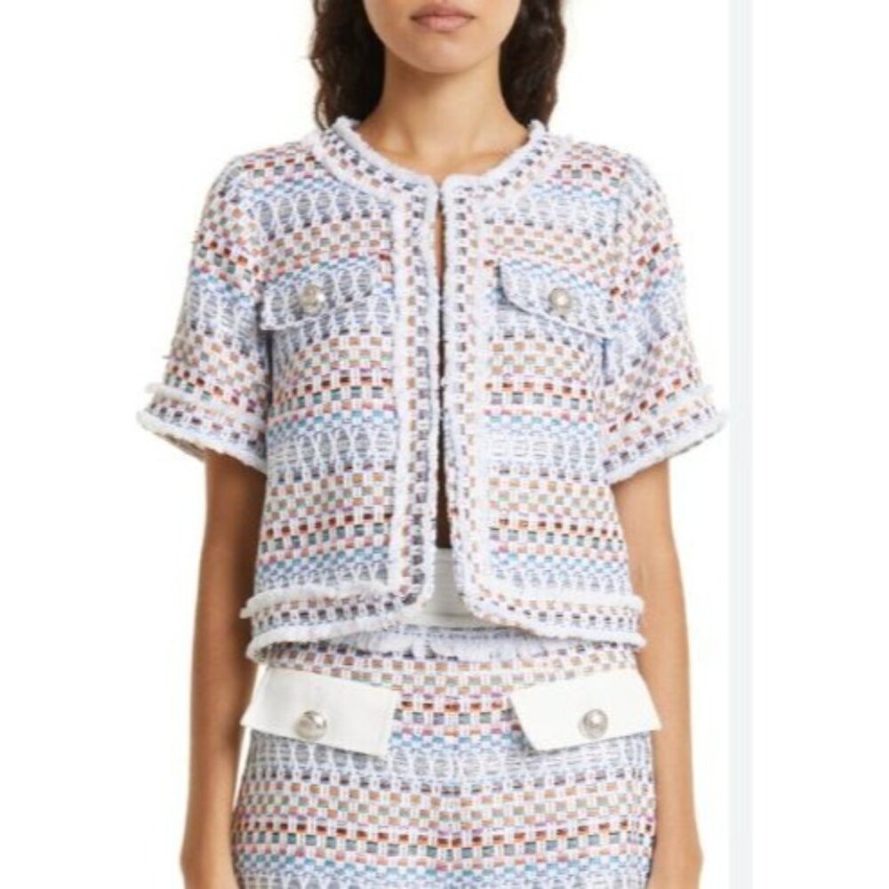 Ramy Brook Karina Jacket Size 0 Colorful Tweed Short Sleeve Open Front MSRP $585